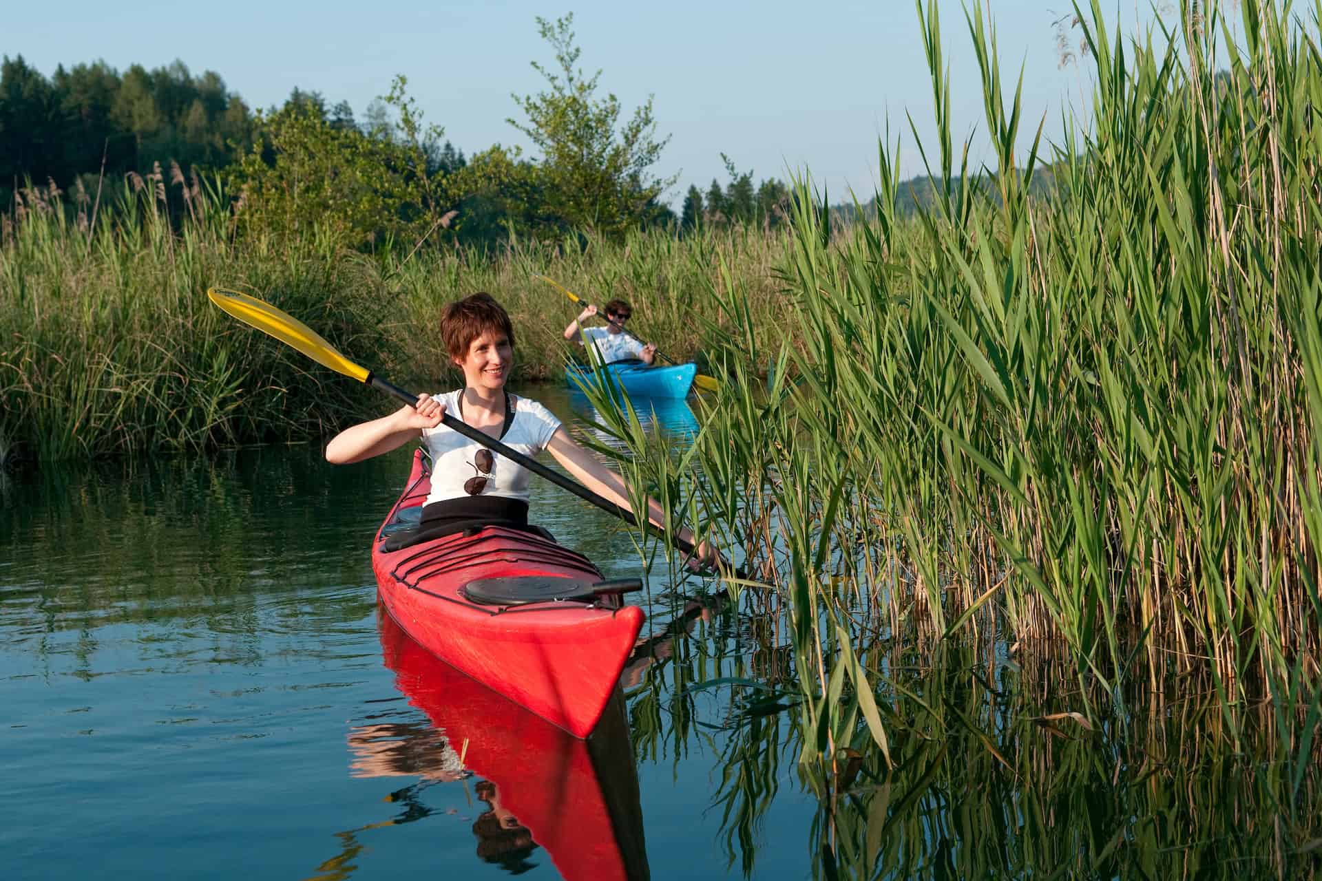 Kayaker in the meandering reeds at Lake Faak